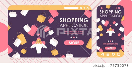 Shopping application cross platform landing page template for desktop and mobile version with woman and bags 72759073