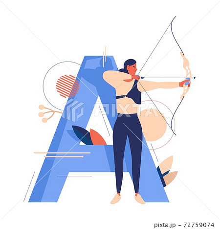 Creative sport letter A and woman with bow shooting during archery training. Concept young character in blue and orange 72759074