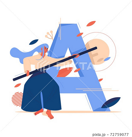 Aikido concept illustration with woman training in front of large letter A. Geometric shapes, leaves and long hair 72759077
