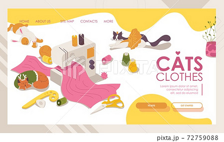 Cats clothes concept landing page banner template. Sewing machine and kittens dressed, thread, elements for pets seamstress Cats clothes concept landing page banner template. Sewing machine and kittens dressed, thread, elements for pets seamstress 72759088