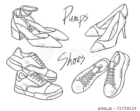 シューズやパンプスの白黒手書きイラストイメージのイラスト素材