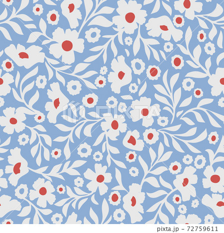 Abstract daisy flowers vector background. Small size meadow flowers with leaves, branches and stems. Floral deamless pattern. Flat simple decorative design. Folk art, vintage style. 72759611