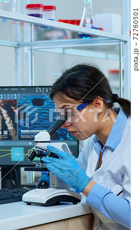 Scientist team analysing results using microscope 72760501