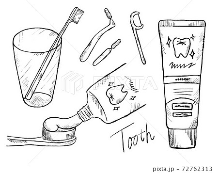 歯磨きや歯の白黒手書きイラストイメージのイラスト素材