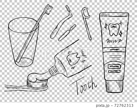 歯磨きや歯の白黒手書きイラストイメージのイラスト素材