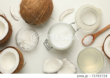 Fresh coconut and coconut milk on white background 72765728