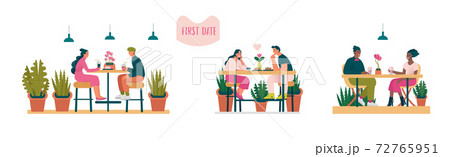 Bright couples at first date in coffee shop or restraunt. Bright couples at first date in coffee shop or restraunt. 72765951