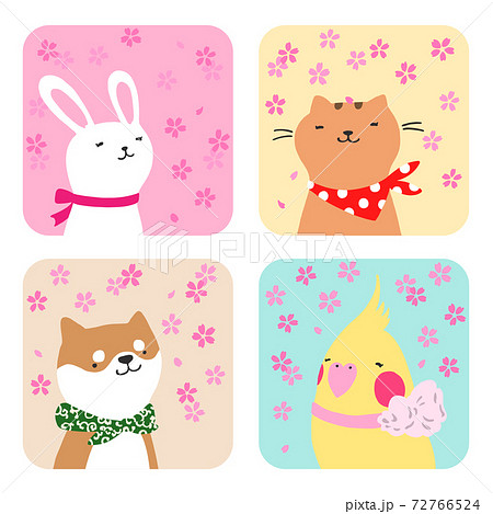 春のウサギとネコとイヌとトリのイラストのイラスト素材