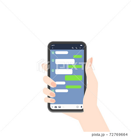 スマートフォン メッセージアプリイメージ素材 スマホを持つ女性の手とトーク画面のイラスト素材