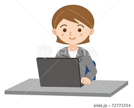 ノートパソコンで作業をするスーツ姿の若い女性のイラスト/白背景 ノートパソコンで作業をするスーツ姿の若い女性のイラスト/白背景 72771554
