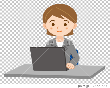 Illustration of a young woman in a suit working on a laptop / white background 72771554