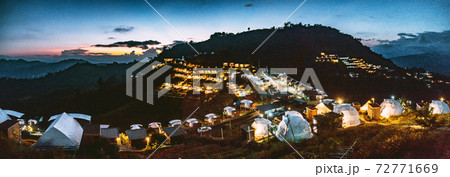 Aerial view of camping grounds and tents on Doi Mon Cham mountain in Mae Rim, Chiang Mai province Aerial view of camping grounds and tents on Doi Mon Cham mountain in Mae Rim, Chiang Mai province 72771669
