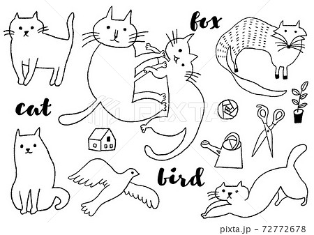 猫と鳥と狐イラストモノクロのイラスト素材 猫と鳥と狐イラストモノクロのイラスト素材