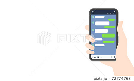 スマートフォン メッセージアプリイメージ素材 スマホを持つ人の手とトーク画面のイラスト素材
