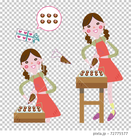 楽しそうにスイーツをつくる女性 セット イラストのイラスト素材