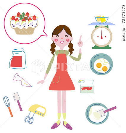 楽しそうにスイーツをつくる女性 セット イラストのイラスト素材