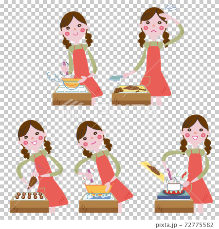 楽しそうにスイーツをつくる女性　セット　イラスト 72775582
