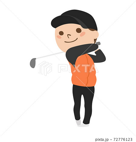 若い男性のイラスト。冬の寒い季節にスポーツのゴルフを楽しんでいる若い男性。 72776123