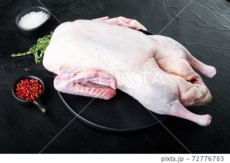 Whole raw duck on black background 72776783