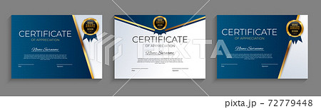 Certificate of achievement template set Background with gold badge and border. Award diploma design blank. Vector Illustration EPS10 72779448