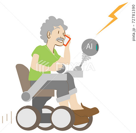電動車椅子の自動運転で外出する年配の男性のイラスト素材