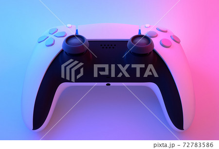 Realistic video game controller in neon lights on white table background 72783586