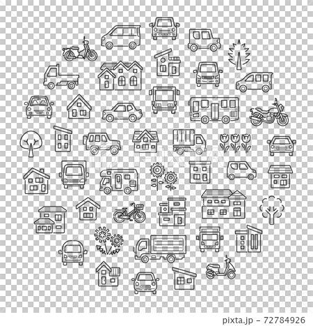 Circle gallery of houses, cars, motorcycles and plants (only lines with gaps) Circle gallery of houses, cars, motorcycles and plants (only lines with gaps) 72784926