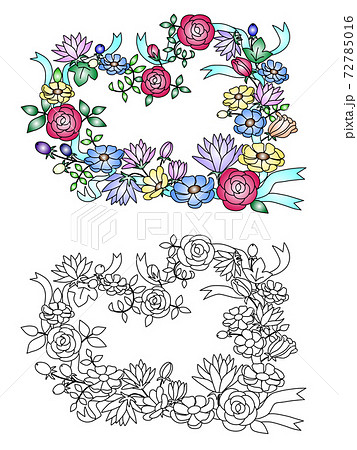 塗り絵もできるカラフルなお花のハート型リースフレームのイラスト素材