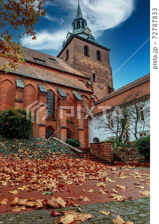 Church of St. Michaelis in the old town of Luneburg in an autumn day, yellow leaves in the foreground Church of St. Michaelis in the old town of Luneburg in an autumn day, yellow leaves in the foreground 72787833