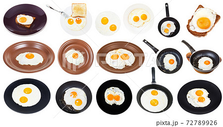 set of fried eggs on plates and pans isolated set of fried eggs on plates and pans isolated 72789926