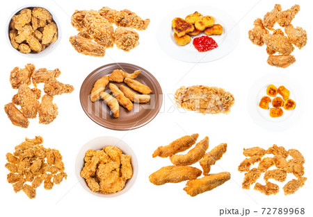 set of various deep fried chicken pieces isolated set of various deep fried chicken pieces isolated 72789968