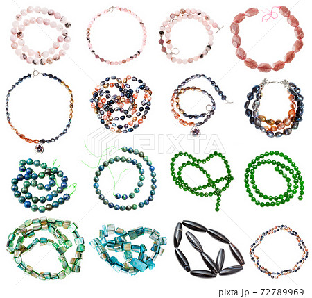 collection of various strings of beads isolated 72789969