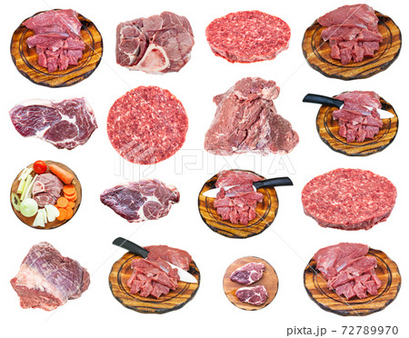 set of various beef meat pieces isolated on white 72789970