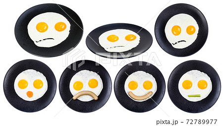 set of various fried eggs with faces isolated set of various fried eggs with faces isolated 72789977