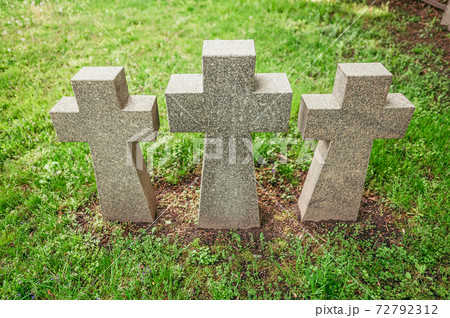 Three stone crosses in the cemetery of German prisoners of war- Wehrmacht army solders in the second world war. Kiev, Ukraine Three stone crosses in the cemetery of German prisoners of war- Wehrmacht army solders in the second world war. Kiev, Ukraine 72792312