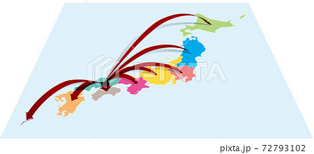 中国地方から全国へ日本地図aに立体的な矢印 ベクターイラスト背景透明のイラスト素材