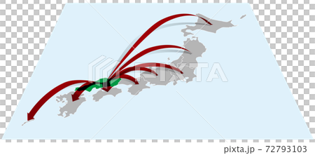 中国地方から全国へ日本地図bに立体的な矢印 ベクターイラスト背景透明のイラスト素材