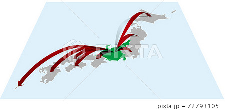 中部地方から全国へ日本地図Bに立体的な矢印 ベクターイラスト背景透明 中部地方から全国へ日本地図Bに立体的な矢印 ベクターイラスト背景透明 72793105