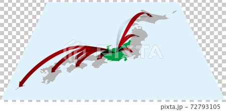 中部地方から全国へ日本地図Bに立体的な矢印 ベクターイラスト背景透明 中部地方から全国へ日本地図Bに立体的な矢印 ベクターイラスト背景透明 72793105