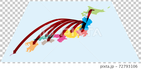 東北地方から全国へ日本地図Aに立体的な矢印 ベクターイラスト背景透明 東北地方から全国へ日本地図Aに立体的な矢印 ベクターイラスト背景透明 72793106