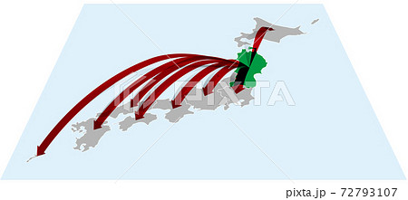 東北地方から全国へ日本地図Bに立体的な矢印　ベクターイラスト背景透明 72793107