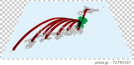 東北地方から全国へ日本地図Bに立体的な矢印　ベクターイラスト背景透明 72793107