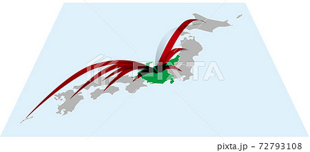 全国から中部地方へ日本地図Bに立体的な矢印 ベクターイラスト背景透明 全国から中部地方へ日本地図Bに立体的な矢印 ベクターイラスト背景透明 72793108