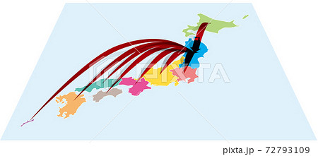 全国から東北地方へ日本地図aに立体的な矢印 ベクターイラスト背景透明のイラスト素材