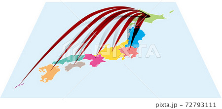 全国から北海道へ日本地図aに立体的な矢印 ベクターイラスト背景透明のイラスト素材