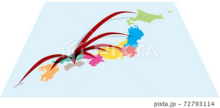 全国から中国地方へ日本地図aに立体的な矢印 ベクターイラスト背景透明のイラスト素材