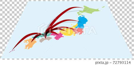 全国から中国地方へ日本地図Aに立体的な矢印　ベクターイラスト背景透明 72793114