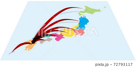全国から九州へ日本地図Aに立体的な矢印 ベクターイラスト背景透明 全国から九州へ日本地図Aに立体的な矢印 ベクターイラスト背景透明 72793117