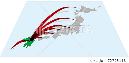 全国から九州へ日本地図Bに立体的な矢印 ベクターイラスト背景透明 全国から九州へ日本地図Bに立体的な矢印 ベクターイラスト背景透明 72793118