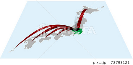 全国から関東地方へ日本地図bに立体的な矢印 ベクターイラスト背景透明のイラスト素材